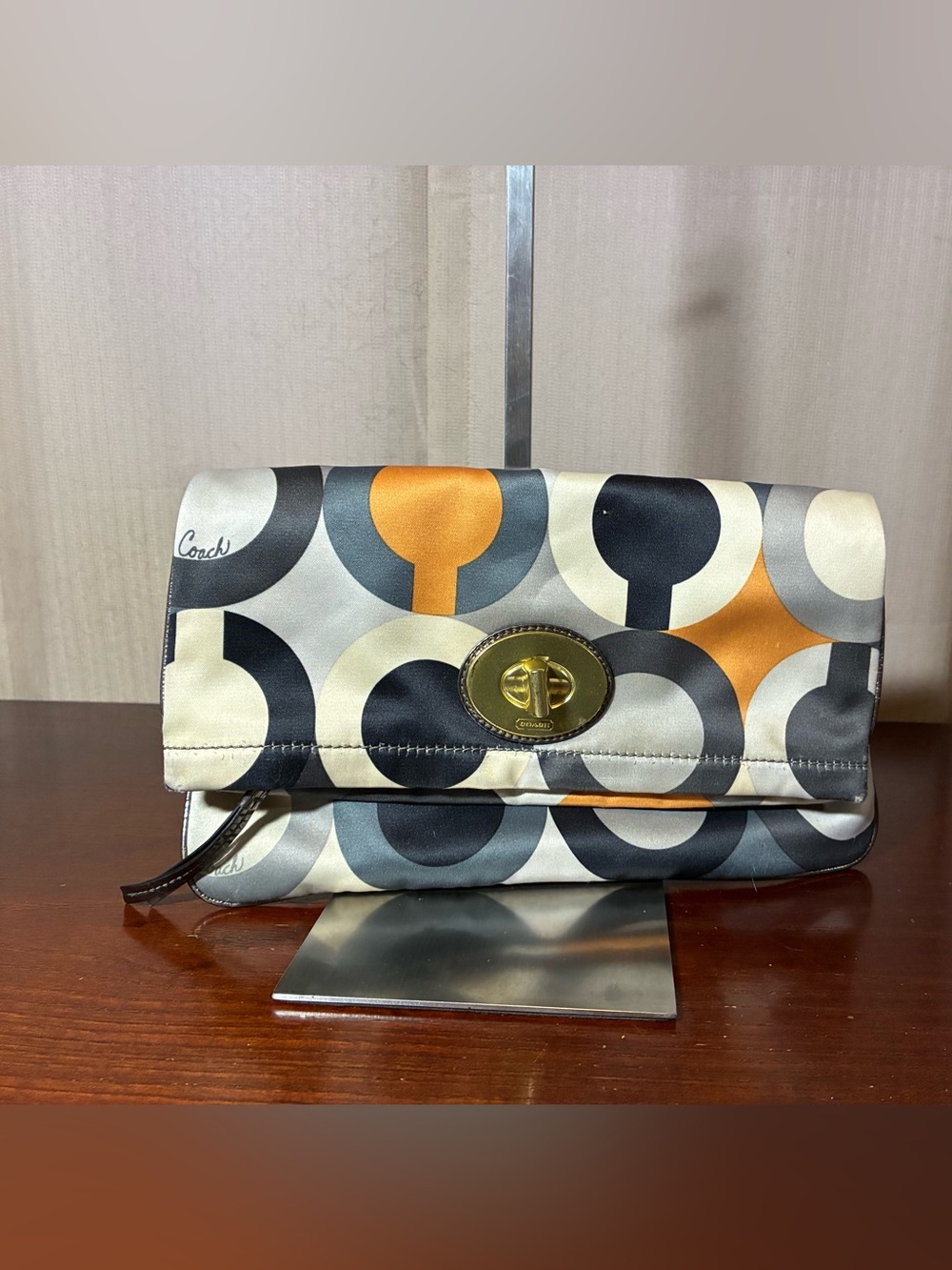 Coach Multicolor Circle-Print Satin Clutch with Gold Frame